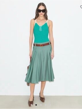 NWT Tory Burch Runway Wool Pleated Teal & Red Striped Skirt